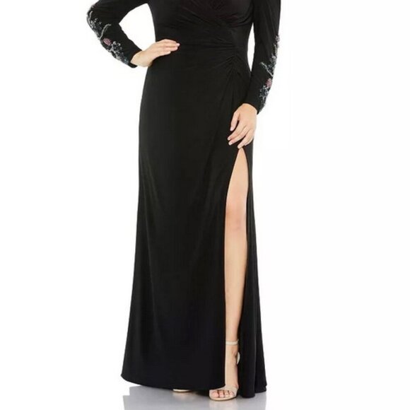 Mac Duggal Black Beaded Sequin Long Sleeve Column Gown - Picture 2 of 5